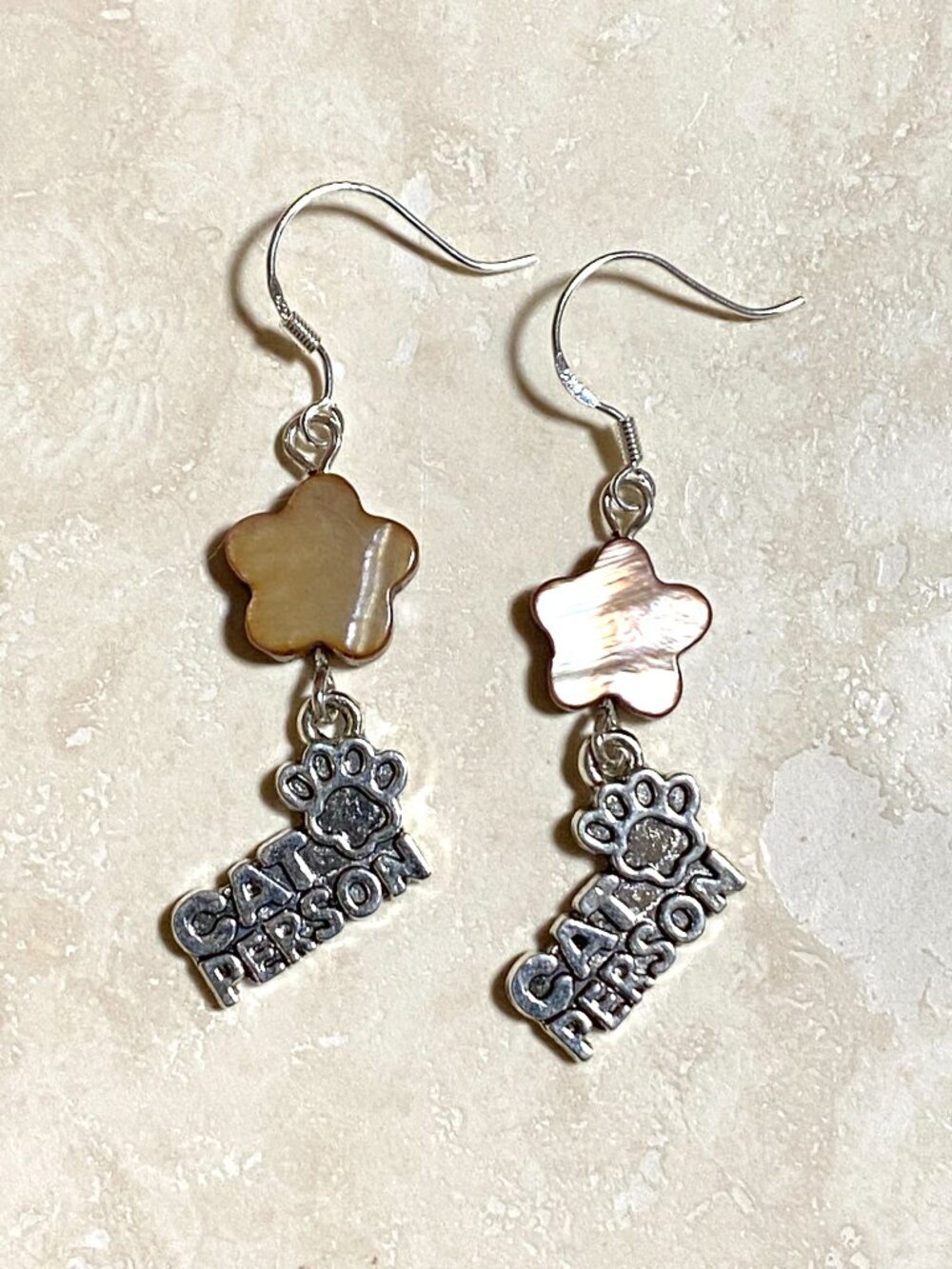 2/$20, Dark Mother of Pearl Flower & Cat Person Earrings w/ Sterling Silver Hook - Picture 2 of 7